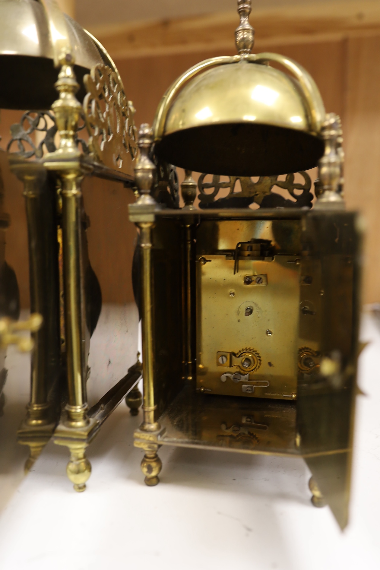 Two brass lantern clocks with 20th century escapement units, tallest 30cm high. Condition - fair